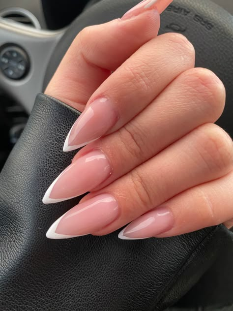 Pointed Almond Shape Nails, French On Pointy Nails, White Tip Pointy Nails, Sharp Almond Acrylic Nails French Tip, Sharp Tip Nails, V Shape Nail Design French Tips, Almond Shape White Tip Nails, Almond Pointy Acrylic Nails, French Tip Nails Sharp