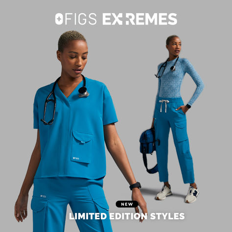 NEW limited edition styles are in with ultimate pocket placements. Because there’s nothing more extreme than needing a pocket for your syringe, stethoscope, snacks… Scrubs Fashion, Medical Scrubs Fashion, Medical Aesthetics, Blue Outfits, Blue Scrubs, Lab Coats, Medical Uniforms, Medical Aesthetic, Medical Scrubs