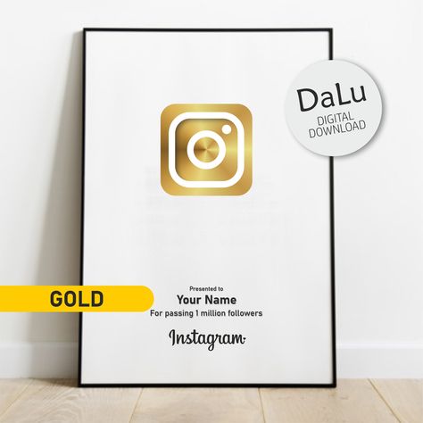 Sleek sellouts! 🤓. Order Instagram One Million followers gold button Plaque, download at home, wall art personalised gram play sign wall decor at €5.00 #InstagramCustom #SocialMediaSignage #FollowMeInstagram #SocialMediaPrint #YouTubePlayButton #GramSigns #WeddingInstagram #FollowFollowers #PersonalisedInstar #Plaque 1 Million Followers Instagram, Million Followers Instagram, One Million Followers, 1 Million Followers, Followers Instagram, Million Followers, Sign Wall Decor, One Million, Personalized Wall Art