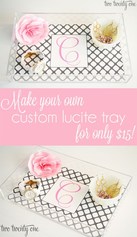 Custom lucite tray DIY - purchase an acrylic tray at Container Store and customize with a monogram laminated liner Diy Mom, Lucite Tray, Diy Tray, Upcycling Ideas, Tray Diy, A Monogram, Silhouette Ideas, Spa Party, Container Store