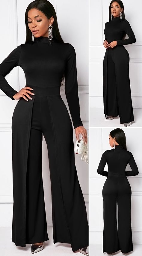 Long Sleeve Mock Neck Black Wide Leg Jumpsuit - Matricaria Chamomilla Wide Leg Jumpsuit Outfit, Jumpsuit Outfit Black, Jumpsuit Jean, Classy Jumpsuit Outfits, Black Jumpsuit Outfit, Black Jumpsuits, Jumpsuit Wide Leg, Classy Jumpsuit, Jump Suits