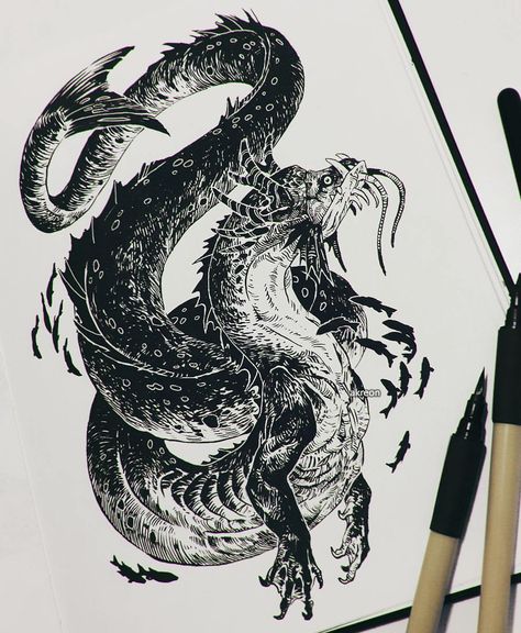 http://akreon.tumblr.com Serpent Monster, Sea Monsters Drawing, Sea Monster Art, Black Dragon Tattoo, Fantasy Mythology, Monster Tattoo, Serpent Tattoo, Monster Drawing, Sea Serpent