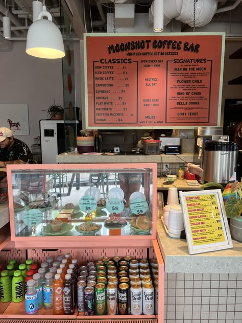 90s Coffee Shop Aesthetic, Maximalist Coffee Shop, Groovy Coffee Shop, Retro Coffee Shop Aesthetic, Orange Coffee Shop, Funky Coffee Shop, Takeaway Coffee Shop, Coffee Shop Interior Design Ideas, Coffee Stand Ideas