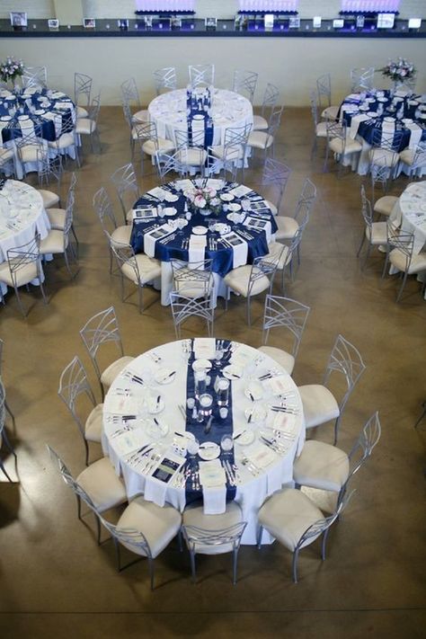 Alternating tablecloth colors? | Weddings, Style and Décor | Wedding Forums | WeddingWire Navy Blue And Silver Table Decorations, Navy And White Wedding Table, Navy Table, Denim And Diamonds, Royal Blue Wedding, Kentucky Wedding, Navy Blue Wedding, Table Set Up, Brunch Wedding