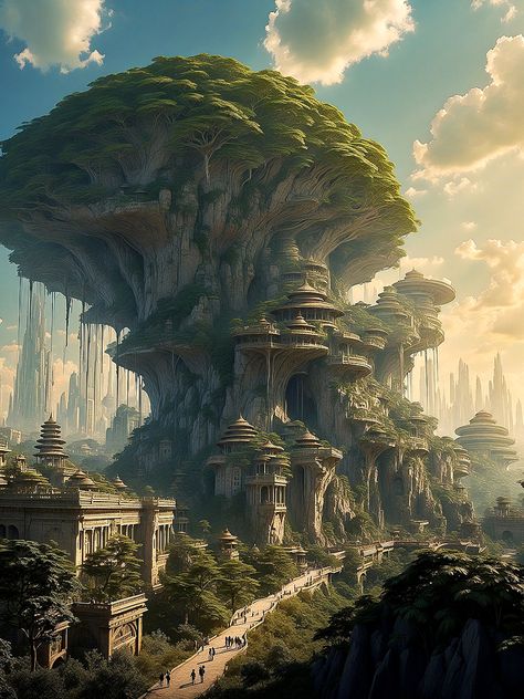 Fantasy Biomes, Future Technology Design, Futuristic Rainforest, Fantasy Jungle Kingdom, Rainforest City Fantasy Art, Futuristic Forest City, Woodland City Fantasy Art, Jungle Temple, Forest City