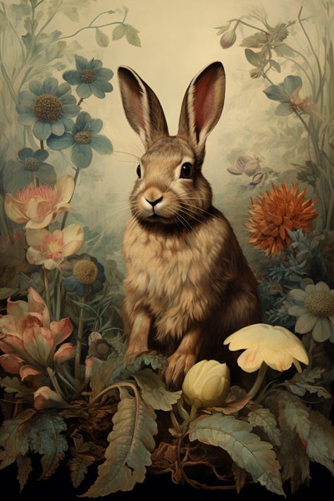 Vintage Cottagecore Enchanting Rabbit Floral Canvas - Etsy Vintage Easter Art, Vintage Easter Bunny Images, Bunny Easter Illustration, Vintage Rabbit Art, Vintage Bunny Art, Lapin Aesthetic, Paintings Of Rabbits, Vintage Bunny Illustration, Vintage Flower Pictures