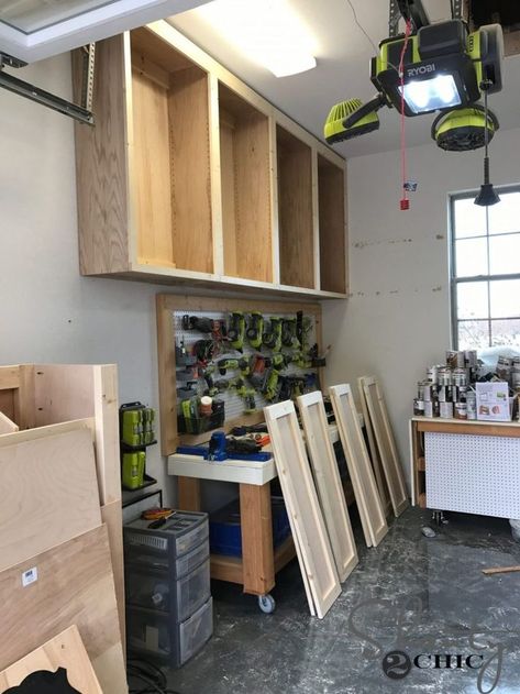 DIY Cabinets For A Garage, Workshop or Craft Room! - Shanty 2 Chic Garage Cabinets Diy, Garage Wall Cabinets, Painting Cabinets Diy, Cabinets Garage, Plan Garage, Diy Garage Storage Cabinets, Storage Shed Organization, Shed Organization, Garage Organization Diy