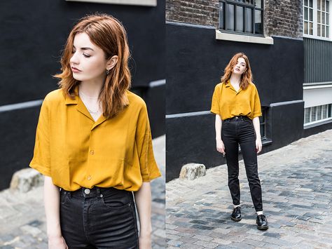 Mustard Shirt Outfit Work, Yellow Shirt Black Jeans Outfit, Yellow Shirt With Jeans, Yellow Shirt Outfit Women Work, How To Style Yellow Shirt, Yellow Shirt Outfit Women, Mustard Shirt Outfit, Mustard Top Outfit, Yellow Blouse Outfit