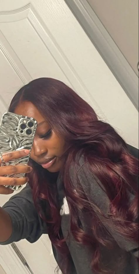 Burgundy Envy Hair Color, Sew In Hairstyles Burgundy, Burgundy Red Sew In, Maroon Sew In Weave, Dark Red On Black Women, Deep Red Hair On Black Women, Dark Burgundy Wig Black Women, Lori Harvey Red Hair, Burgundy Hair Sew In