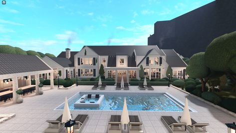 Bloxburg House Layouts Modern Farmhouse, Bloxburg Garage Ideas Exterior, Bloxburg Coastal House Entrance, Luxurious Bloxburg House, Bloxburg Hampton House, Fancy Bloxburg House Exterior, Neutral Bloxburg House, Bloxburg Exterior Ideas Mansion, Bloxburge Mansions