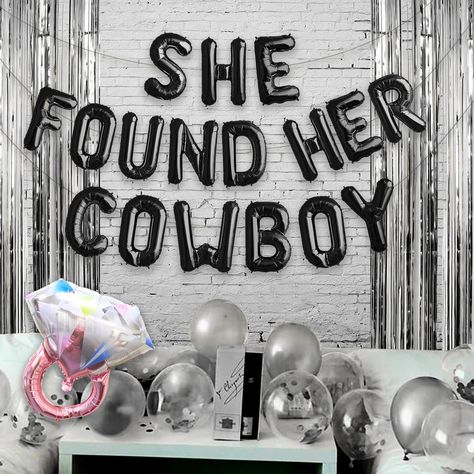 "✦ Please leave your event date in the note ✦  The whole set includes: - \"She Found Her Cowboy  \" Balloons - 16 inches, Non Floating Optional: - Pink Ring Balloon  - 2 Streamers - 5 shimmer balloons - 5 confetti balloons - String - Straw ♦ We Accept Custom-Order! ♦ ♦ Instructions Below ♦ How to inflate balloons?  https://www.partyeight.com/blogs/articles/how-to-inflate-mylarfoil-self-sealing-balloons-for-decoration How to Make the latex balloons to float in the air? You need Helium Tank to make the latex balloons to float. Here is the link to purchase Helium Tank:  --> https://amzn.to/2PA6u6r ♦ PICKUP OPTION♦ Pickup  available for customers live in SF Bay Area. Pickup locations : DALY CITY, and HAYWARD.  Time: Monday-Friday Please order ahead on etsy and convo us for address and availabl Rodeo Bachelorette Party Decorations, Cowboy Engagement Party, Cowboy Bridal Shower Ideas, Bach Trip Ideas, Cowboy Themed Bachelorette Party, Cowboy Balloons, Wild West Bachelorette Party, Western Bachelorette Party Decorations, Western Theme Bachelorette Party