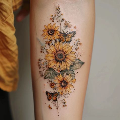 Meaning Of Sunflower Flower Tattoo | 90+ Sunflower Tattoo Designs Sunflower Garter Tattoo, Sunflower Shoulder Tattoo Color, Sunflower Tattoos Shoulder, Sunflower With Roots Tattoo, Pretty Sunflower Tattoo, Pretty Color Tattoos For Women, Feminine Insect Tattoo, Sunflowers And Bees Tattoo, Misscarage Flower Tattoo