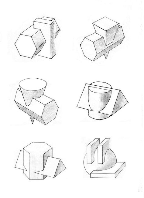 Interpenetration Architecture, Geometric Shapes Drawing, Basic Sketching, Perspective Drawing Architecture, Perspective Drawing Lessons, Geometric Shapes Art, Interior Design Sketches, Art Basics, Architecture Design Sketch