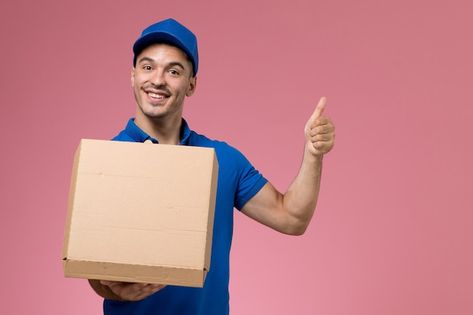 Social Media Design Post, Food Delivery Packaging, Light Pink Walls, Uniformed Services, Blue Uniform, Parcel Box, Pink Desk, Service Jobs, Delivery Company