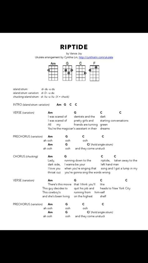 One of the easyest songs for uke begginers Easy Uke Songs For Beginners, Riptide Ukulele Chords Strumming, Easy Ukelele Songs Popular, Riptide Guitar Tab, Uke Songs Easy, Uke Songs With Strum Pattern, Popular Songs On Ukulele, Guitar Begginers, Songs To Learn On Ukulele