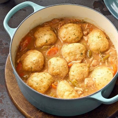 Our turkey stew with dumplings is the perfect fall or winter meal. With plenty of veggies, meat and fluffy dumplings on top, each bowl is a well-rounded meal. Turkey Dumpling Soup Easy, Turkey And Dumplings Leftover, Turkey And Dumplings Easy, Recipes Dumplings, Turkey Dumplings, Turkey And Dumplings, Edible Recipes, Turkey Stew, Stew And Dumplings