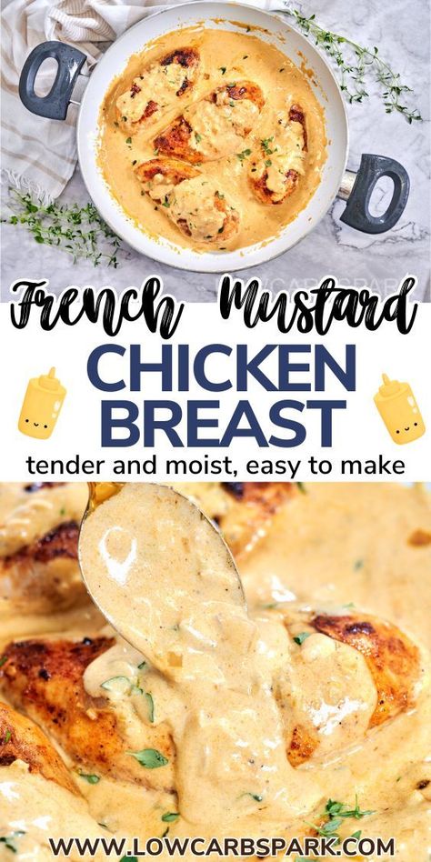 This French Mustard Chicken is creamy, tangy, and super easy to make! Simply pan-sear chicken breasts until golden, then smother them in a rich Dijon mustard sauce. Perfect for a special dinner or a quick weeknight meal, this one-pan recipe is low-carb, gluten-free, and packed with flavor. With just a few simple ingredients like garlic, onion, and cream, you can create a delicious dish that’s sure to impress. French Mustard Chicken, Dijon Chicken Breast, Mustard Sauce For Chicken, Dijon Mustard Chicken, Pan Chicken Breast, Mustard Chicken Breast, Dijon Mustard Sauce, French Mustard, Mustard Chicken Recipes