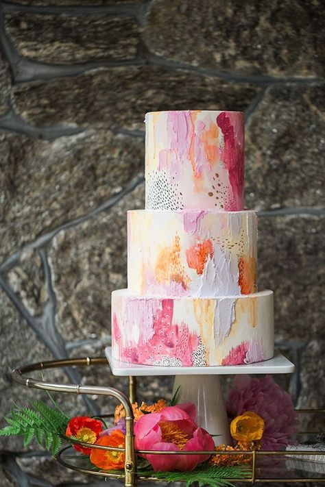 colorful abstract cake inspired by Ashley G - photo by Jessica Cooper Photography http://ruffledblog.com/colorful-summer-wedding-inspiration Watercolor Wedding Cake, Summer Wedding Cakes, Naked Cakes, Tiered Cake, Wooden Cake, Cake Trends, Summer Wedding Colors, Wedding Inspiration Summer, Painted Cakes