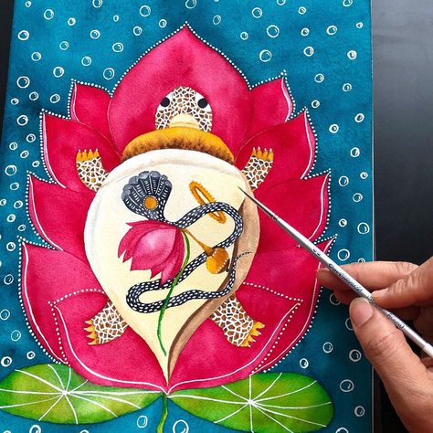 Today is World Turtle day! I just remembered this painting! This is from the Dashaavatar series I am painting. Swipe right to see the… Bengali Painting, Kurma Avatar, Finger Tricks, Indian Miniatures, Vishnu Avataras, Rig Veda, Contemporary Indian Art, Ganesh Pooja, Deities Art