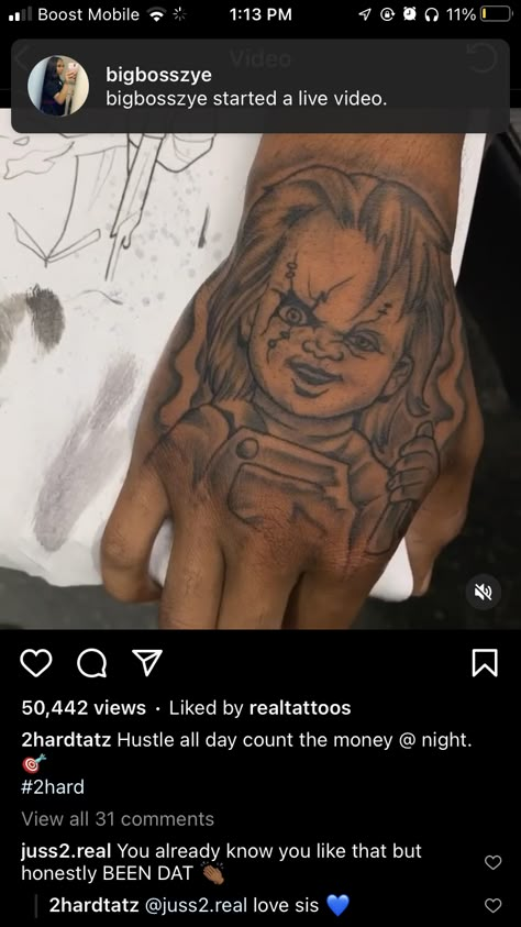 Chucky Tattoo Neck, Chunky Hand Tattoo, Rapper Neck Tattoo, Raw Hand Tattoos, Hand Tattoos Black Man, Arm Sleeve Tattoo For Men Unique, Chunky Tattoo, Hand Tattoos Men, Chucky Tattoo