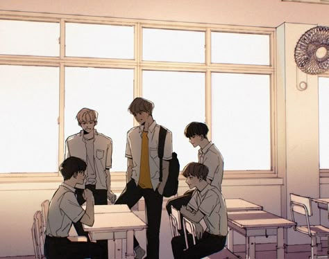 Student Reference Pose, School Reference Pose, School Poses Drawing, School Pose Reference, Classroom Reference Drawing, Classmates Aesthetic, Korean Building, Names In Korean, School Webtoon