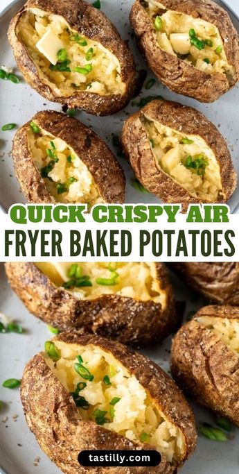 Baking potatoes in the oven takes about one hour. Simplify your cooking and save time by baking them in the air fryer. You will achieve a crispy outside skin with a soft, fluffy interior. With minimal ingredients like olive oil, salt, and pepper you can have perfectly baked potatoes in about 35-40 minutes! Potatoes In The Oven, Baking Potatoes, Food Substitutions Healthy, Air Fryer Recipes Snacks, Air Fryer Baked Potato, Making Baked Potatoes, Air Fried Food, Air Fryer Oven Recipes, Baked Potato Recipes