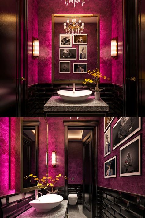 The luxury restaurant's restroom is decorated with a pink-colored wall and an elegant crystal chandelier. A good restroom design includes good lighting, quality wall art, and modern colors that create interest. #luxuryrestaurantdesing #restaurantdesign #luxurycafedecorations #cafedecorations #restaurantdecorations Luxury Restaurant Bathroom Design, Club Bathroom Design, Restaurant Restroom Design Simple, Restaurant Washroom, Restroom Restaurant Design, Club Restroom, Salon Restroom Ideas, Restaurant Restroom, Restaurant Washroom Design