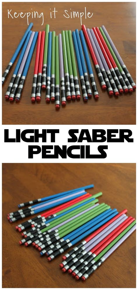 Star Wars Light Saber Pencils- easy and fun to make, perfect for a Star Wars fan or for a party gift Star Wars Party Bags, Star Wars Goodie Bag Ideas, Easy Star Wars Cake, Star Wars Classroom Theme, Star Wars Party Favors, Star Wars Themed Birthday Party, Star Wars Classroom, Son's Birthday, Star Wars Crafts