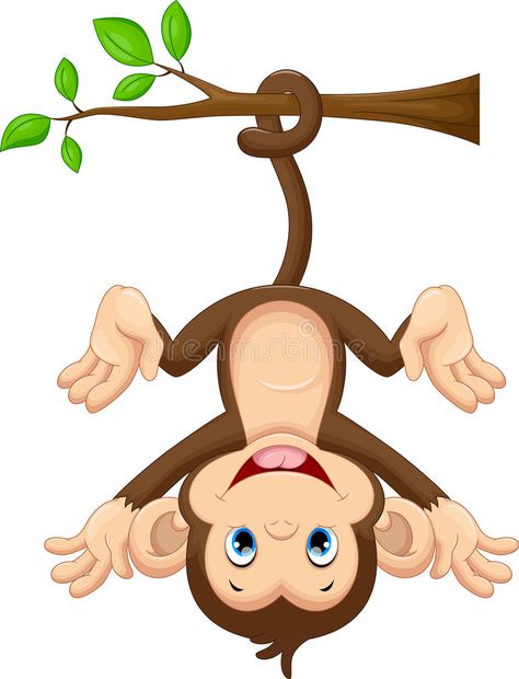 Cute baby monkey hanging on tree vector illustration Cheetah Cartoon, Monkey Hanging, Monkey Drawing, Monkey Illustration, Safari Baby Animals, Hanging Monkey, Hanging Upside Down