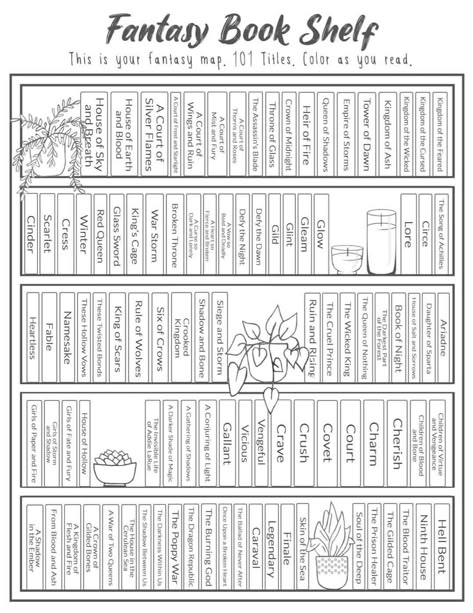 Tbr List Template, Fantasy Book Shelf, Bookshelf Journal, Fantasy Bookshelf, Book Reading List, Genre Challenge, Book Checklist, Reading Journal Printable, Books Journal