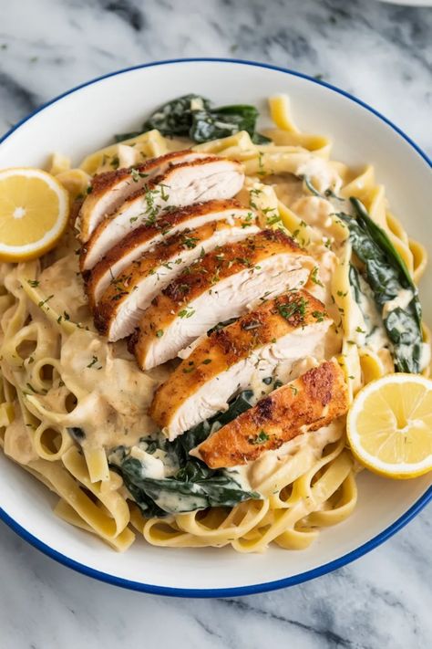 A photo of a  Chicken Florentine Pasta a Chicken Pasta Recipes Spinach Florentine, Florentine Pasta, Weeknight Dinner Pasta, Spinach Noodles, Weeknight Pasta, Pasta Recipes Easy, Chicken Florentine, Chicken Spinach, Chicken And Spinach