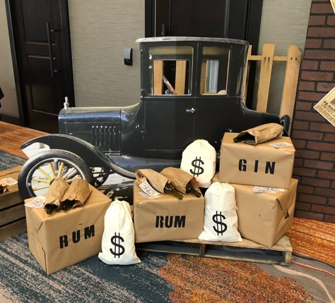 Speakeasy Decor ... money bags, empty boxes wrapped in butcher paper, wooden pallets Speakeasy Party Centerpieces, The Godfather Party Decorations, Mafia Theme Party Decoration, Mafia Theme Party, 1920s Party Theme, Mafia Theme, Great Gatsby Decorations, Peaky Blinders Theme, Mafia Party