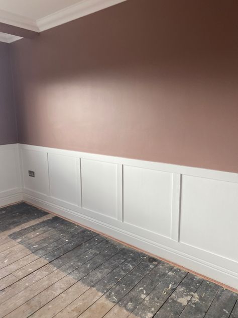 White Paneling Half Wall, White Wainscoting Pink Wall, Bedroom Panneling Ideas Pink, Pink And White Panelling, Mauve Bedroom Panelling, Sulking Room Pink Panelling Bedroom, Girls Bedroom With Paneling, Green Dado Rail, Sulking Room Pink Home Office