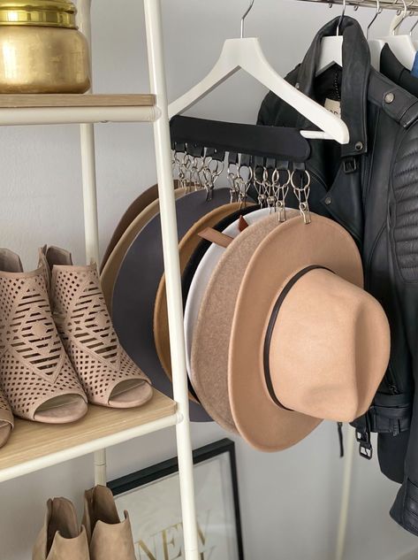 Organizing My Work Space - The House of Sequins Where To Put Hats In Room, Unique Storage Ideas For Small Spaces Bedrooms, Shoe Shelves On Wall Closet, How To Organize Hats In Closet, Sun Hat Organization, Tidy Living Room, Walk In Closet Hat Organization, Fedora Hat Storage Ideas, Office And Walk In Closet Ideas