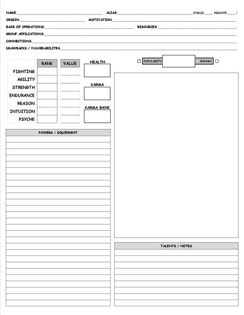 Marvel Super Heroes Character Sheet Superhero Character Sheet, Dnd Character Sheet Completed, Premade Dnd Character Sheet, A5 Character Sheet Dnd, Pathfinder 2e Character Sheets, Rpg Character Sheet, Marvel Rpg, Superhero Ideas, Dnd Character Sheet