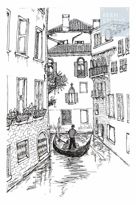 Black And White Italy, Italy Drawing, Italy Sketches, Italy Illustration, Cityscape Drawing, Fine Line Art, Venice Print, Italy Wall Art, Venice Canals