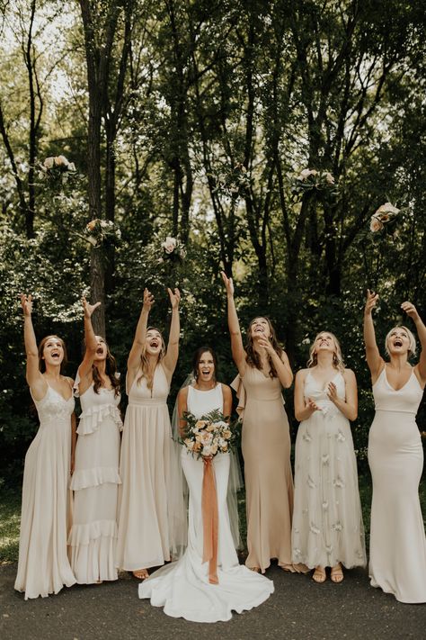 Mixed Bridesmaid Dresses Neutral, Unique Minimalist Wedding Dresses, Mismatch Beige Bridesmaid Dresses, Spring Western Wedding Bridesmaid Dresses, Bridesmaid Dresses Mismatched Revelry, Different Color Champagne Bridesmaid Dresses, Different Style Bridesmaid Dresses Long, Cream Lace Bridesmaid Dresses, Wedding Party Photos 3 Bridesmaids