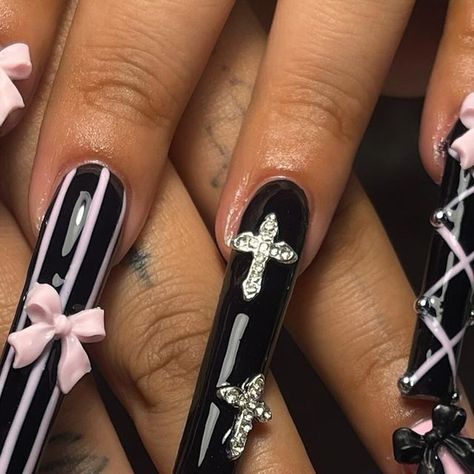 ANGEL NEVAEH 🌸 on Instagram: "this combo > 🎀 - follow @nailsbyaangell if viewing 😇  • @secret.nail.affair DC : ANGEL  - pilates princess  - glossy top coat  • @nailfairyjas inspo  • • • #nails #nailart #nailsofinstagram #taperedsquarenails #pinknails #blacknails #whitenails #corset #kawaiinails #bows #extralongnails #longnails #nailinspo #nailideas #trendingnails #valentines #valentinesnails #explore #explorepage #exploremore #sanantonio #sanantonionails #sanantonionailtech #acrylicnails" Victoria Secret Nails, Corset Nails, Deco Nails, Cross Nails, Tapered Square Nails, Pilates Princess, Kawaii Nails, Valentines Nails, Nails Nailart