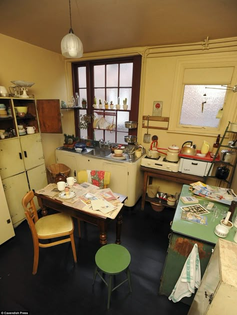 'The terrace that time forgot: Domestic life in 1950s Britain captured in the perfectly preserved home of Liverpool's most celebrated photographer'  www.dailymail.co.uk 1950s Britain, Cramped Kitchen, 1950s Home Interior, 1940s House, 1950s Home, 1950s Kitchen Table, 1950s House Interior, 50s House, 50s Kitchen