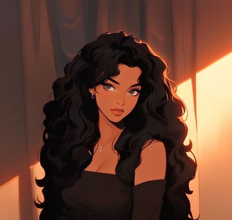 Desi Cartoon Pfp, Tan Female Character Design, Latina Anime Character, Aesthetic Character Pfp, Curly Cartoon Character, Mood Board Character, Brunette Profile Picture Cartoon, Tan Character Design, Blasian Drawing