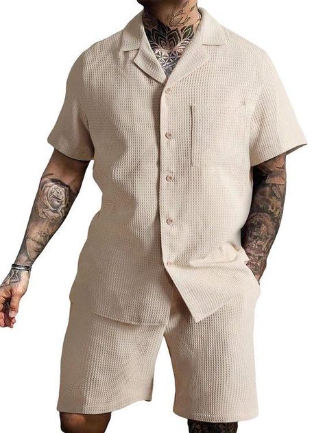 Shirt And Shorts Set, Fits For Summer, Drawstring Waist Shorts, Shirt And Shorts, Men Fashion Casual Outfits, Men Fits, Outfits Casual, Two Piece Outfit, Shorts Set