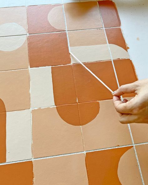 Peel And Stick Tile Projects, Paint Faux Tile Backsplash, Paint Tile To Look Like Terracotta, How To Paint Over Tile Backsplash, Faux Tile Floor, Faux Tile Wallpaper, Sticky Tiles Kitchen, Paint Tiles Kitchen, Renter Friendly Tile Makeover