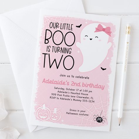 Little Boo is Turning Two Halloween Birthday Party Invitation Little Boo Is Turning Two, Boo Is Turning Two, Halloween Birthday Party Invitations, Birthday Invitation Pink, Halloween Birthday Invitations, Pink Ghost, 2nd Birthday Party Themes, 2nd Birthday Party, Invitation Pink