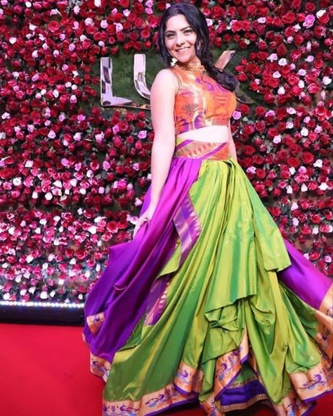 Paithani Lehenga created by using a paithani saree. #sonaleekulkarni #maharashtrian #marati #sonalee #lehenga #ethnic #indian Dress From Paithani Saree, Sonalee Kulkarni Saree, Paithani Dress Designs, Paithani Saree Dress, Experimental Outfits, Paithani Dress, Dress From Saree, Paithani Lehenga, Banarasi Silk Suit