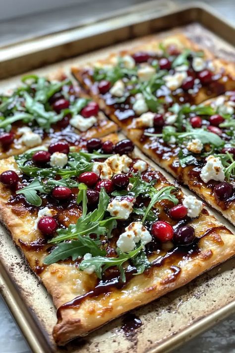 Cranberry Balsamic Flatbread with Goat Cheese & Arugula Balsamic Flatbread, Flatbread With Goat Cheese, Christmas Vegetables, Festive Appetizers, Goat Cheese Recipes, Christmas Lunch, Cranberry Recipes, Cheese Appetizers, Christmas Dishes