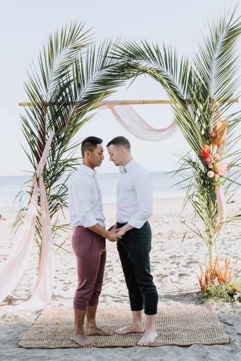 Gay Beach Wedding, Gay Wedding Ideas Decor, Beach Chic Wedding, Gay Wedding Ideas, Gay Wedding Photography, Chic Wedding Ideas, Gay Wedding Photos, Lgbtq Weddings, Lgbt Wedding