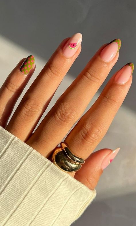 Watermelon Almond Nails, Watermelon French Tip Nails, Nails Watermelon, Watermelon Nail Art, Halloween Trends, Watermelon Nails, Nail Length, Fire Nails, French Tip Nails