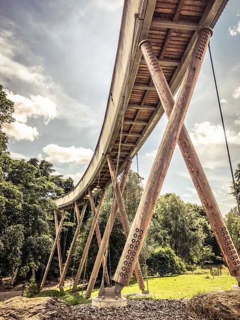 Bridges Architecture, Mall Facade, Floating Architecture, Natural Swimming Ponds, Jungle House, Nature Projects, Pedestrian Walkway, Arch Bridge, Timber Structure