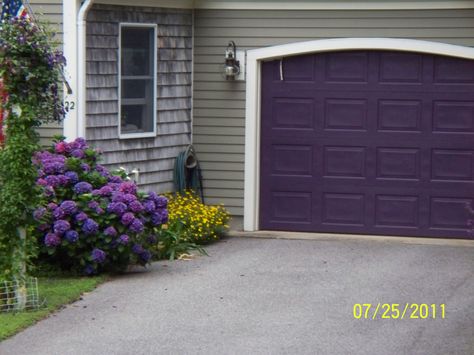 Purple garage door!  Totally thinking of doing this since our house is almost the same shade of green with white trim. Blue House With Purple Door, Purple Garage Door, Eggplant Front Door Color, Purple Exterior House, Purple Front Door Colors, Purple House Exterior, Farmhouse Garage Doors, Exterior Garage Door, Garage Door Trim