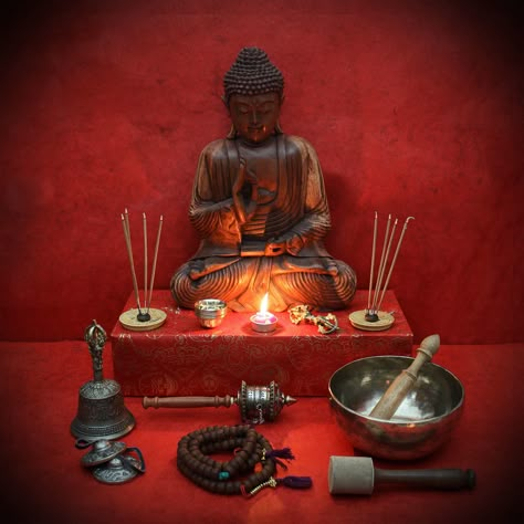 Setting up a Buddhist shrine for shrine with our goods for the next catalogue Buddhist Shrine Home, Buddhist Meditation Room, Buddhist Alter, Ancestral Altar, Thai Mat, Shrine Room, Sacred Room, Buddha Altar, Home Shrine